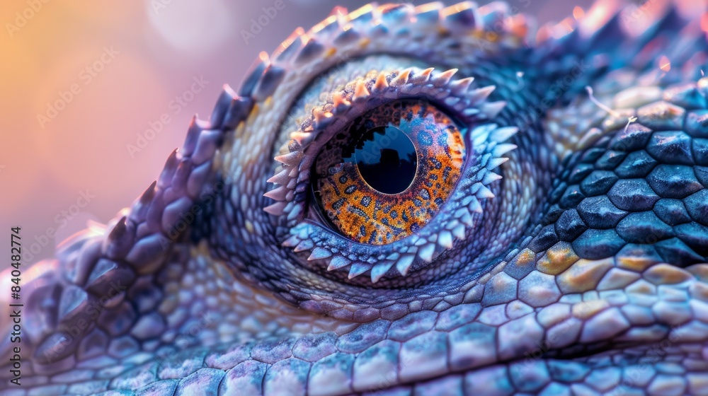 Fototapeta premium A close up of a lizard's eye with colorful iris, AI
