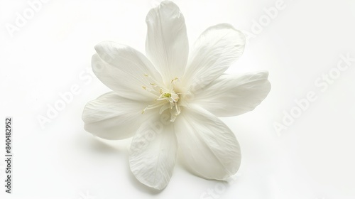 Beautiful macro shot of a single white flower on a plain background  highlighting its delicate petals and serene simplicity.