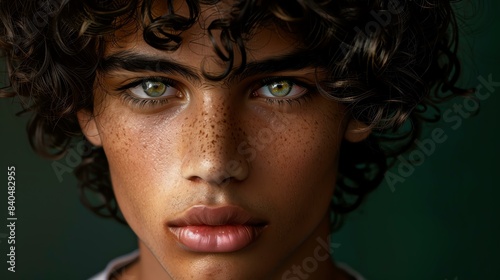 Portrait of a handsome young man with curly hair and green eyes. He has a light olive skin tone and a few freckles on his face.
