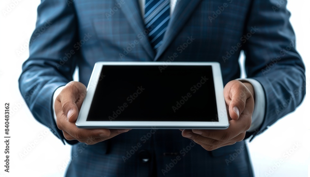 A person holding a tablet computer. A person holding a tablet computer.