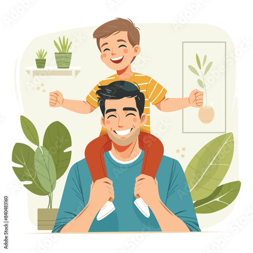 Happy father-s day. The son is sitting on the father's shoulders in flat style. Vector illustration