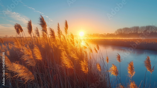 An ultra HD view of a nature freshwater marsh at sunrise, the light casting long shadows and creating a golden glow among the reeds photo