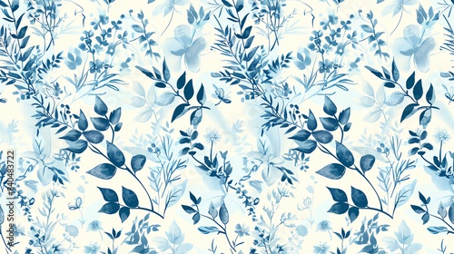 Charming seamless pattern of hand-drawn flora in soft pastel light blue  medium blue  and dark blue