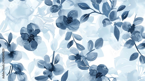 Delicate seamless pattern with hand-drawn flora in pastel light blue, medium blue, and dark blue shades