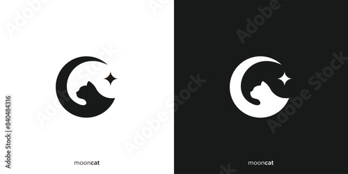 Creative Moon Cat Logo. Crescent and Initials C for Cat. Pet Logo Icon Symbol Vector Design Template.