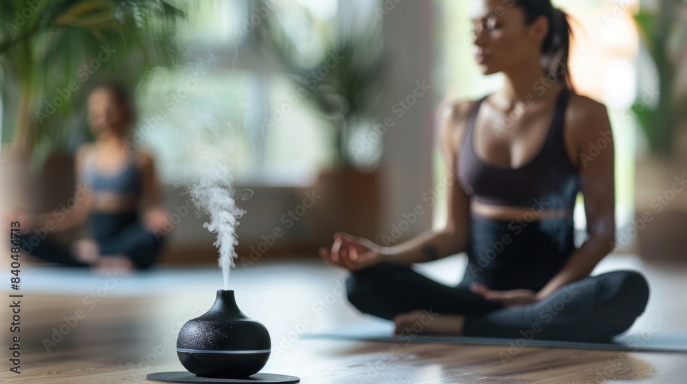 Peaceful yoga session with essential oil diffuser Peaceful yoga session with essential oil diffuser
