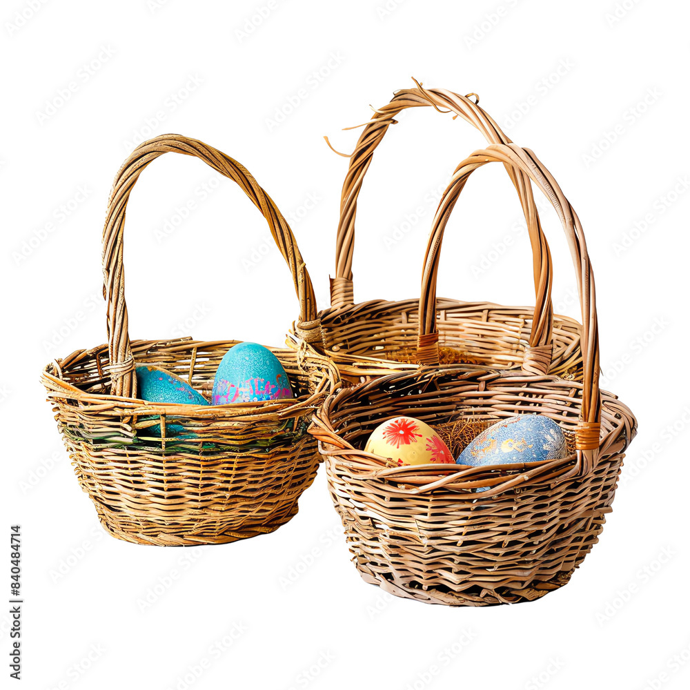 Three wicker baskets with colorful painted Easter eggs isolated on transparency background, perfect for holiday decoration or celebration themed projects.