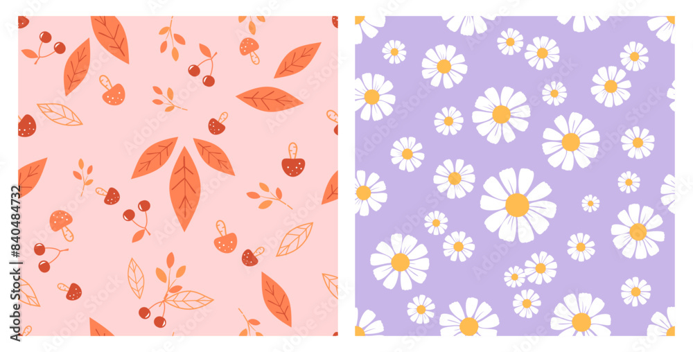 Fototapeta premium Seamless pattern with daisy flower on purple background. seamless pattern with Autumn leaves, mushroom and branches on pink background vector.