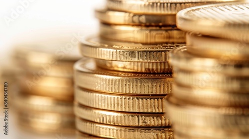 Close-up of stack of gold coins, blurred background, representing wealth, investment, and financial growth.