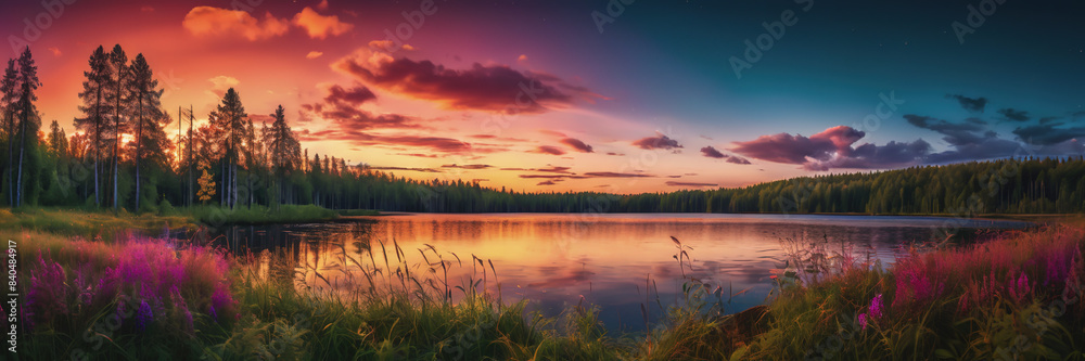 Finnish Nature Day. fabulous nature. green dense forest. green grass. forest vegetation. summer nature. sunset. sunrise. Lake in the forest Finnish Nature Day. fabulous nature. green dense forest. green grass. forest vegetation. summer nature. sunset. sunrise. Lake in the forest