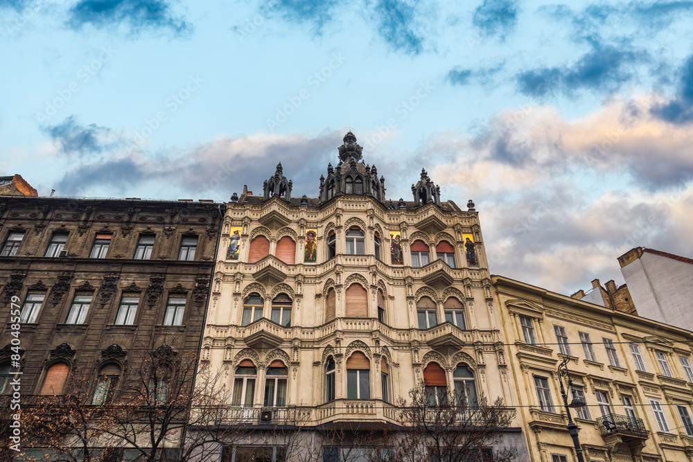 Facade of historic Severa House designed by Erno Schannen around 1900 in Karoly Boulevard, Budapest, Hungary Facade of historic Severa House designed by Erno Schannen around 1900 in Karoly Boulevard, Budapest, Hungary