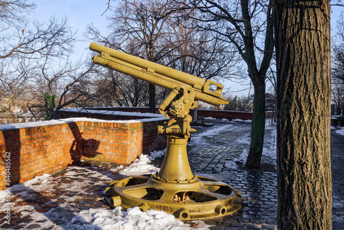 Buda Castle canon at bastion in winter with melting snow around, Budapest, Hungary photo