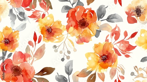 Seamless pastel red, orange, and yellow watercolor floral pattern, elegant design