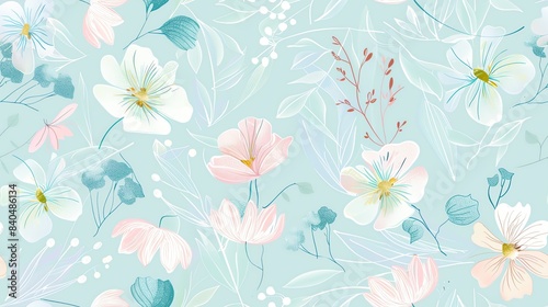 Soft pastel green pink and blue floral design  hand-drawn seamless pattern