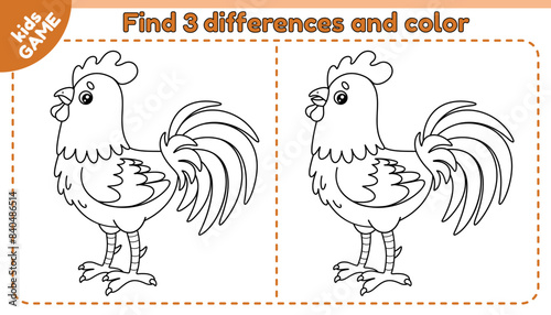 Farm kids game Find 3 differences with cartoon rooster. Spot the differences. Educational activity book. Worksheet for preschool and school children. Vector outline illustration of the cute farm bird.