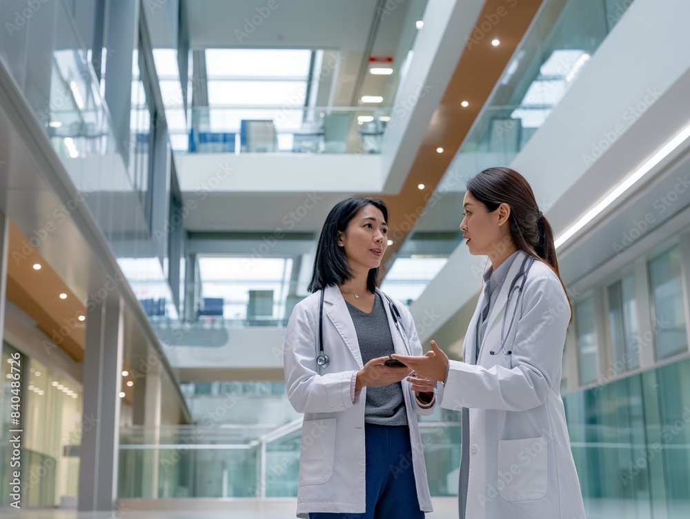 Pharmaceutical sales representative talking with doctor in medical building, presenting new medication Pharmaceutical sales representative talking with doctor in medical building, presenting new medication