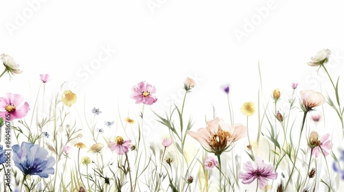 hand drawing watercolor detailed painting field wild flowers on white background