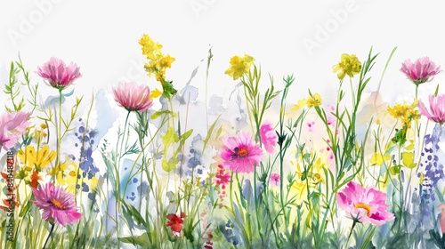 hand drawing watercolor detailed painting field wild flowers on white background