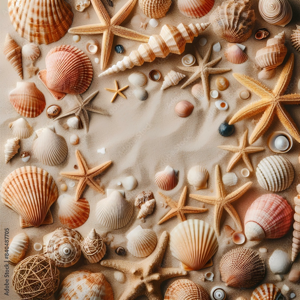 Top view of a sandy beach with exotic seashells and starfish as natural textured background for aesthetic summer design. Top view of a sandy beach with exotic seashells and starfish as natural textured background for aesthetic summer design.