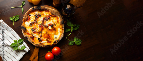 top point of view pizza - Italian Pizza Margherita with tomatoes sauce, black olives, mozzarella and cheese photo