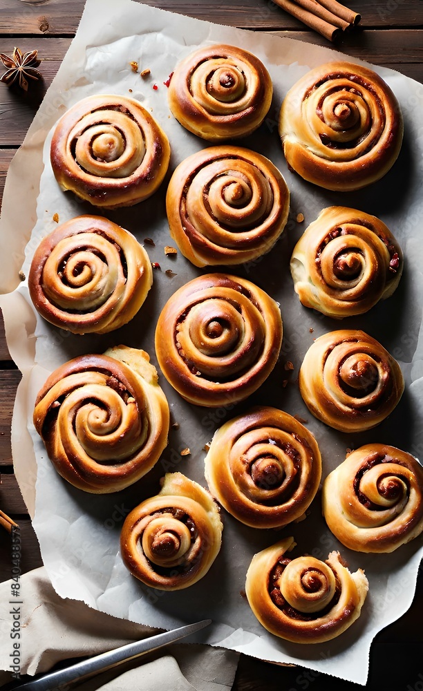 Fototapeta premium Tasty cinnamon rolls, Cinnamon rolls buns christmas baking on a wooden breakfast table and parchment paper.