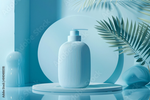 A minimalist setup featuring a white bottle on a blue pedestal, set against a matching light blue background with a circular mirror