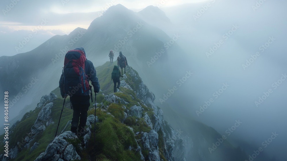 Hikers Ascending Misty Mountain: Serene Morning Exploration
Hikers Ascending Misty Mountain: Serene Morning Exploration