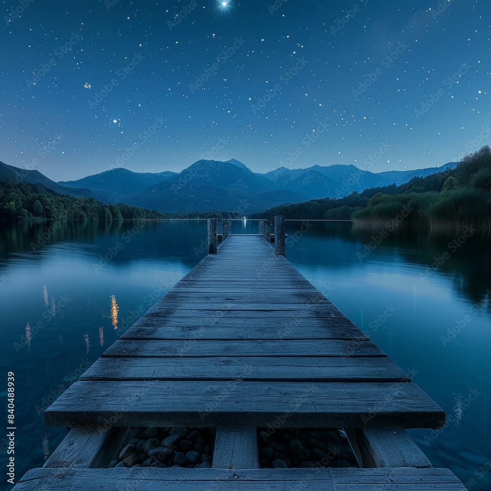Serene Nightscape: Wooden Pier over Still Lake, Surrounded by Mountains, Star-filled Sky Serene Nightscape: Wooden Pier over Still Lake, Surrounded by Mountains, Star-filled Sky