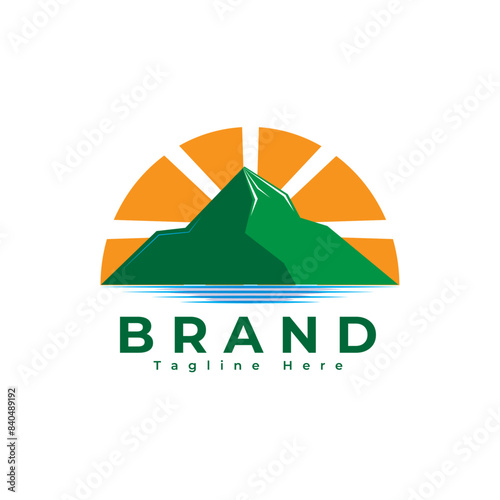 mountain logo with sun and lake
