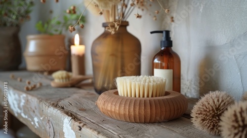 Dry brushing body tutorial in a spa, step-by-step process with a focus on reducing cellulite, minimalist and natural decor