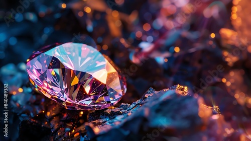 Large flawless diamond with bright colorful reflections laying on a dark stone surface with blurred glowing particles in the background.