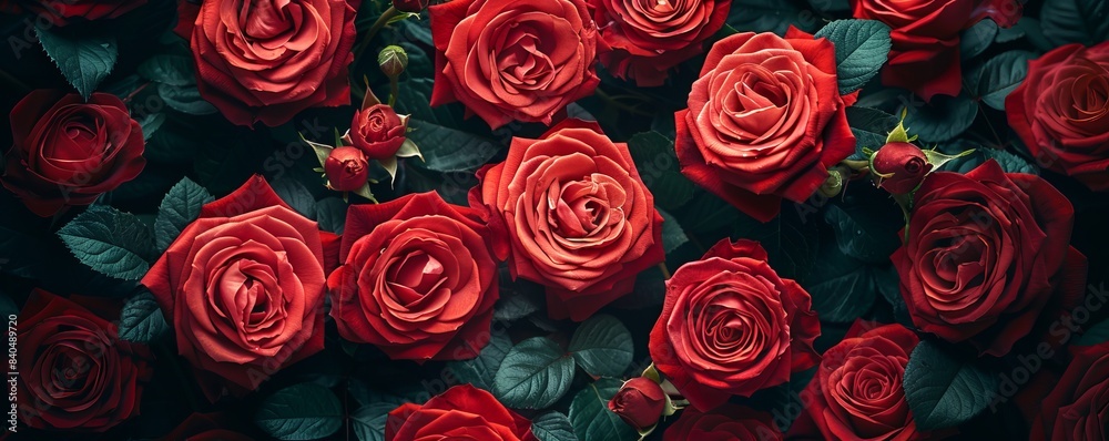 A large bouquet of red roses in the style of Valentine's Day theme, high resolution, hyper realistic photography style, closeup, dark background, top view A large bouquet of red roses in the style of Valentine's Day theme, high resolution, hyper realistic photography style, closeup, dark background, top view