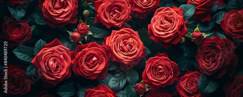 A large bouquet of red roses in the style of Valentine s Day theme  high resolution  hyper realistic photography style  closeup  dark background  top view