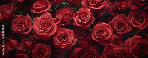 Close-up of numerous red and pink roses in full bloom  showcasing their lush petals and vibrant colors in a dense arrangement.