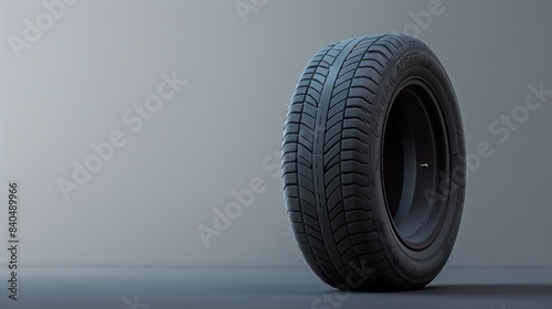 Single car tire leaning against a plain backdrop photo
