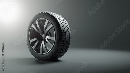 Stylish car tire with rim in a studio setting