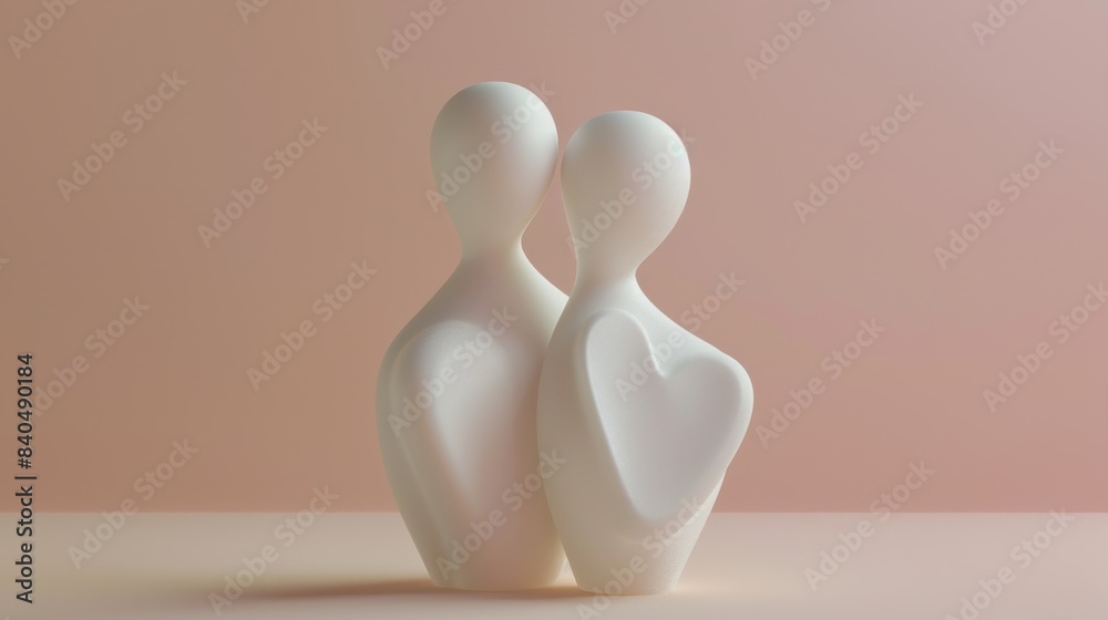 Two white ceramic figurines with hearts on their backs, AI