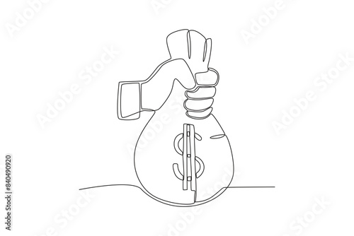 Continuous one line drawing of Hand holding sack of money, Finance Day concept. Modern continuous line draw design graphic vector illustration
