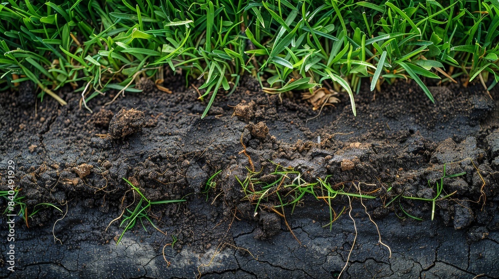 High-detail image of freshly rolled lawn turf with visible root structure and moist soil, positioned for laying in a landscaped yard High-detail image of freshly rolled lawn turf with visible root structure and moist soil, positioned for laying in a landscaped yard
