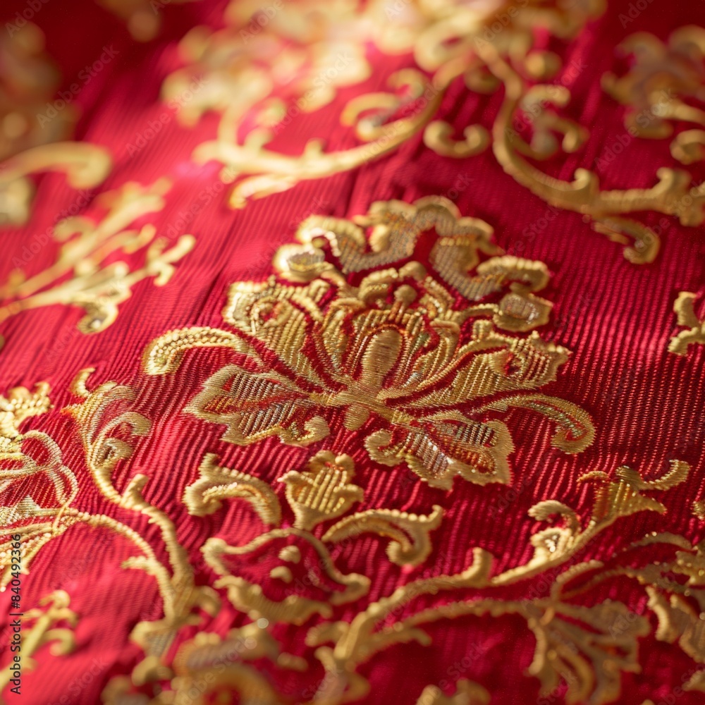 Luxurious Gold and Red Brocade Fabric Close-Up Luxurious Gold and Red Brocade Fabric Close-Up