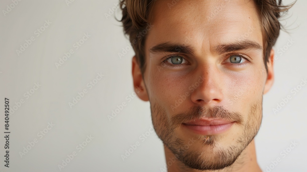 Caucasian man looking confidently at the camera, glowing skin, with short brown hair neatly styled, wearing a subtle bronzer and clear lip balm, neutral white background Caucasian man looking confidently at the camera, glowing skin, with short brown hair neatly styled, wearing a subtle bronzer and clear lip balm, neutral white background