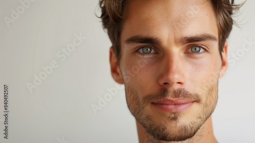 Caucasian man looking confidently at the camera  glowing skin  with short brown hair neatly styled  wearing a subtle bronzer and clear lip balm  neutral white background