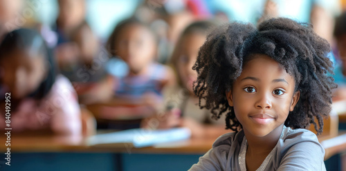 young African American girl with curly hair sits at a classroom desk, looking at the camera. Kid is ready to learn, study. concepts of education, school, and childhood