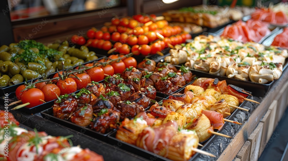 Obraz premium Pinchos and tapas typical of the Basque Country, Spain. Selection of different types of foods to choose from