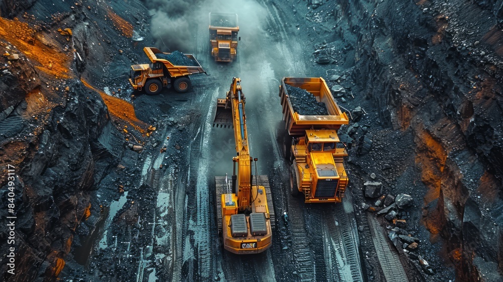 Mining operation with large excavators and trucks, illustrating the raw power and scale of the mining industry. Mining operation with large excavators and trucks, illustrating the raw power and scale of the mining industry.
