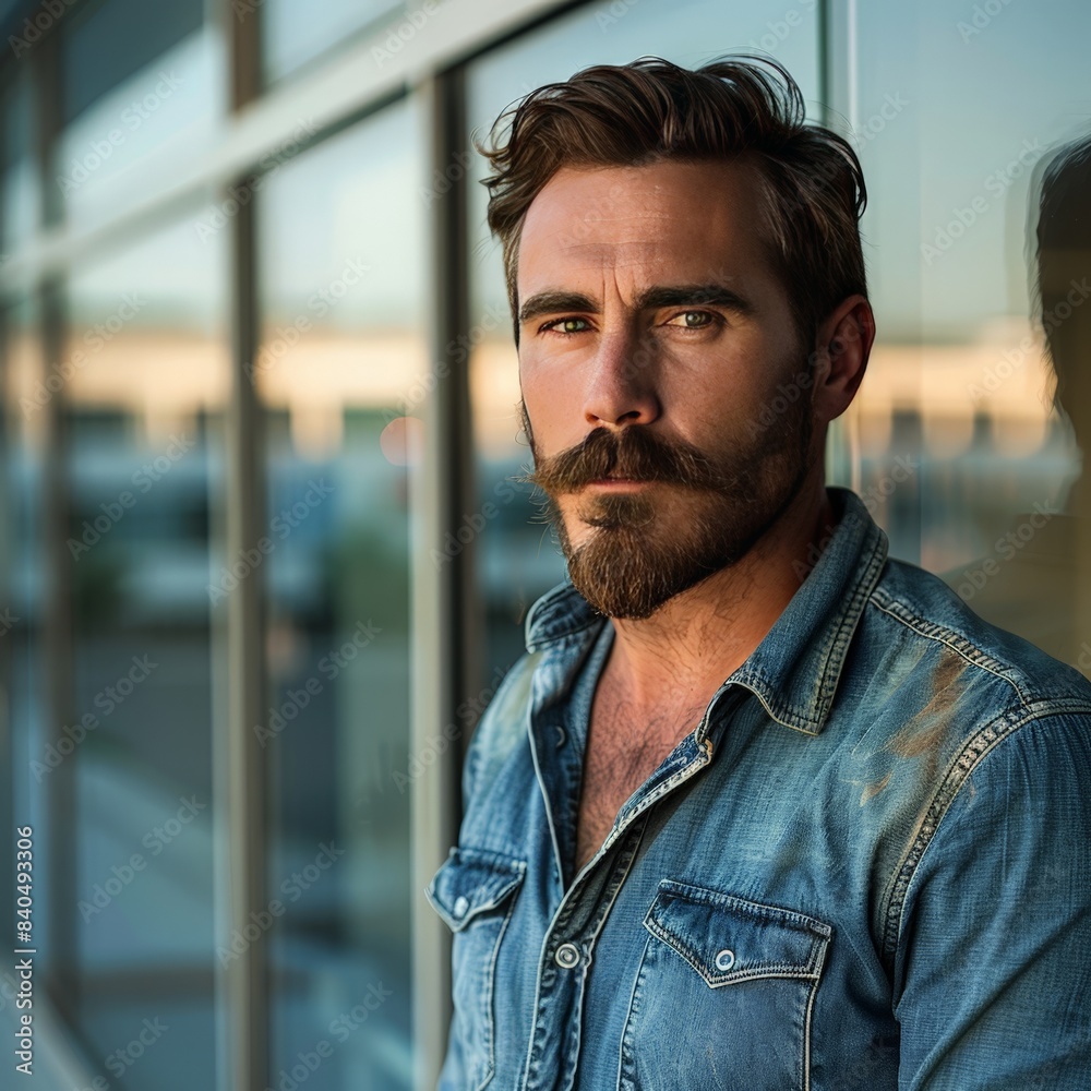 Bearded Man in Jeans: Serious Portrait in Airport Terminal Bearded Man in Jeans: Serious Portrait in Airport Terminal