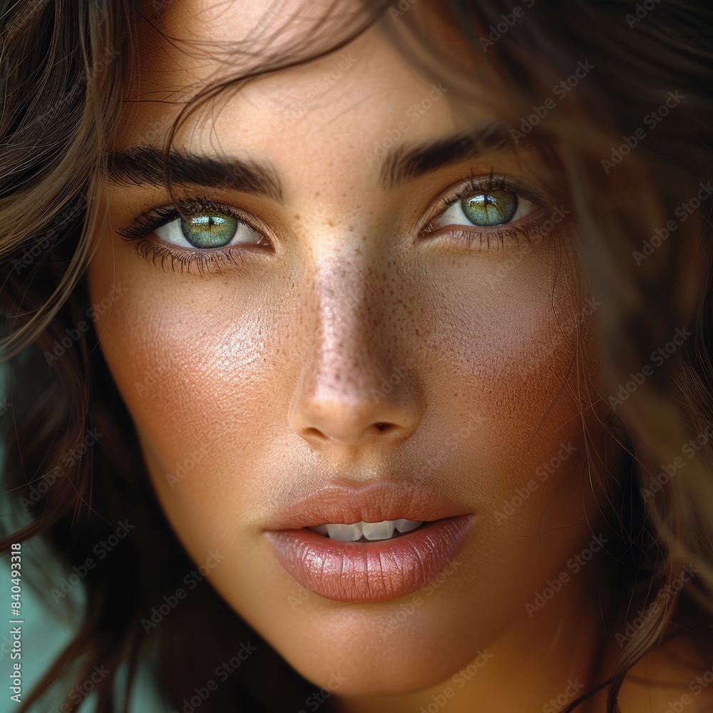 Closeup portrait of beautiful young woman with green eyes. Beauty face.