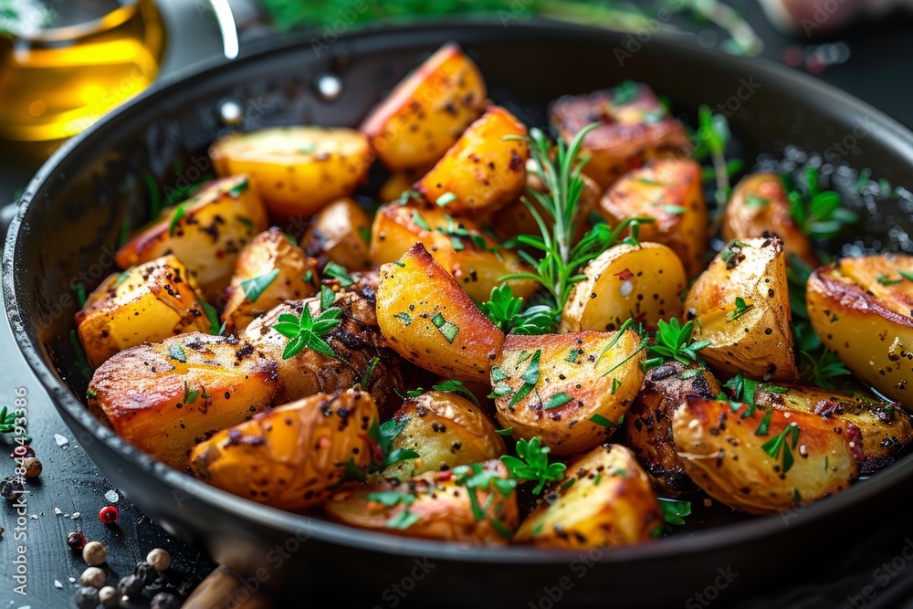 Fried potatoes with herbs in pan on dark background Fried potatoes with herbs in pan on dark background
