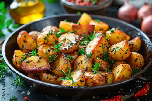  Fried potatoes with herbs in pan on dark background