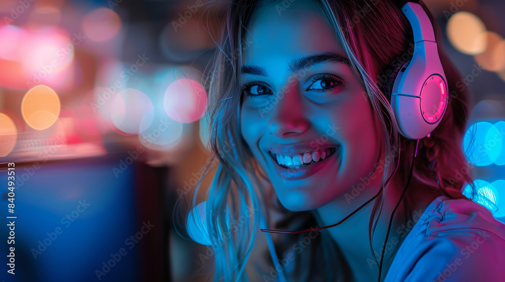  A cheerful woman in a call centre, surrounded by deep blue ambient light, wearing a sleek headset, with a non-distracting, soft-focus background.